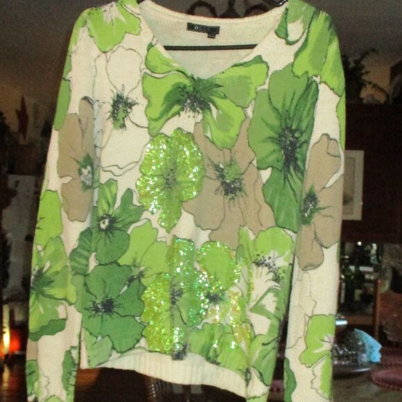 Vintage 1990's  green SPARKLY!  floral  cotton sweater - Picture 1 of 6